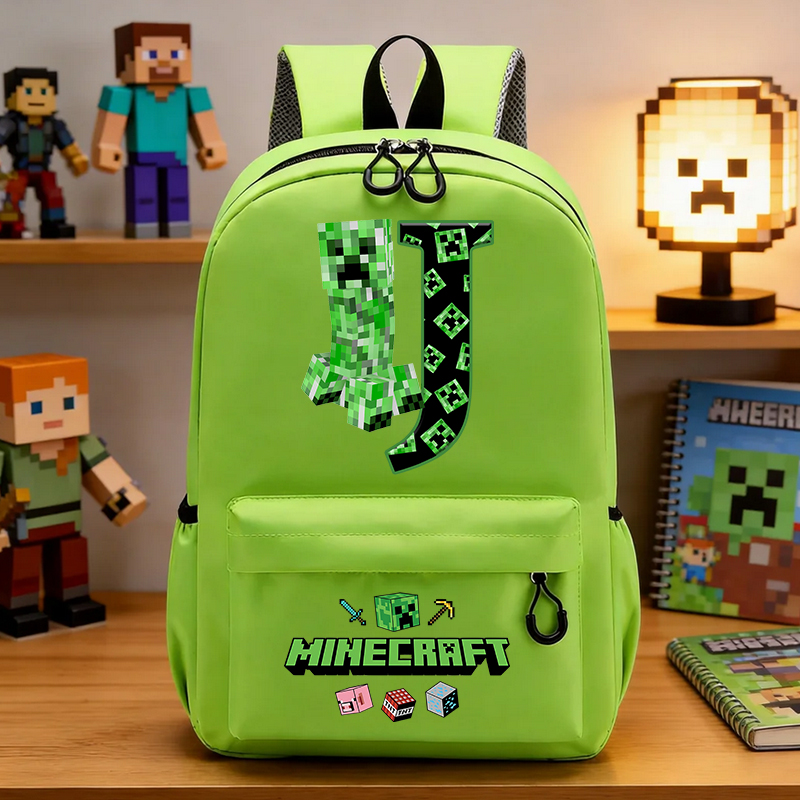 Art Craft Market - Miner Crafting Pixel Grundschultasche, grüner Buchstabe