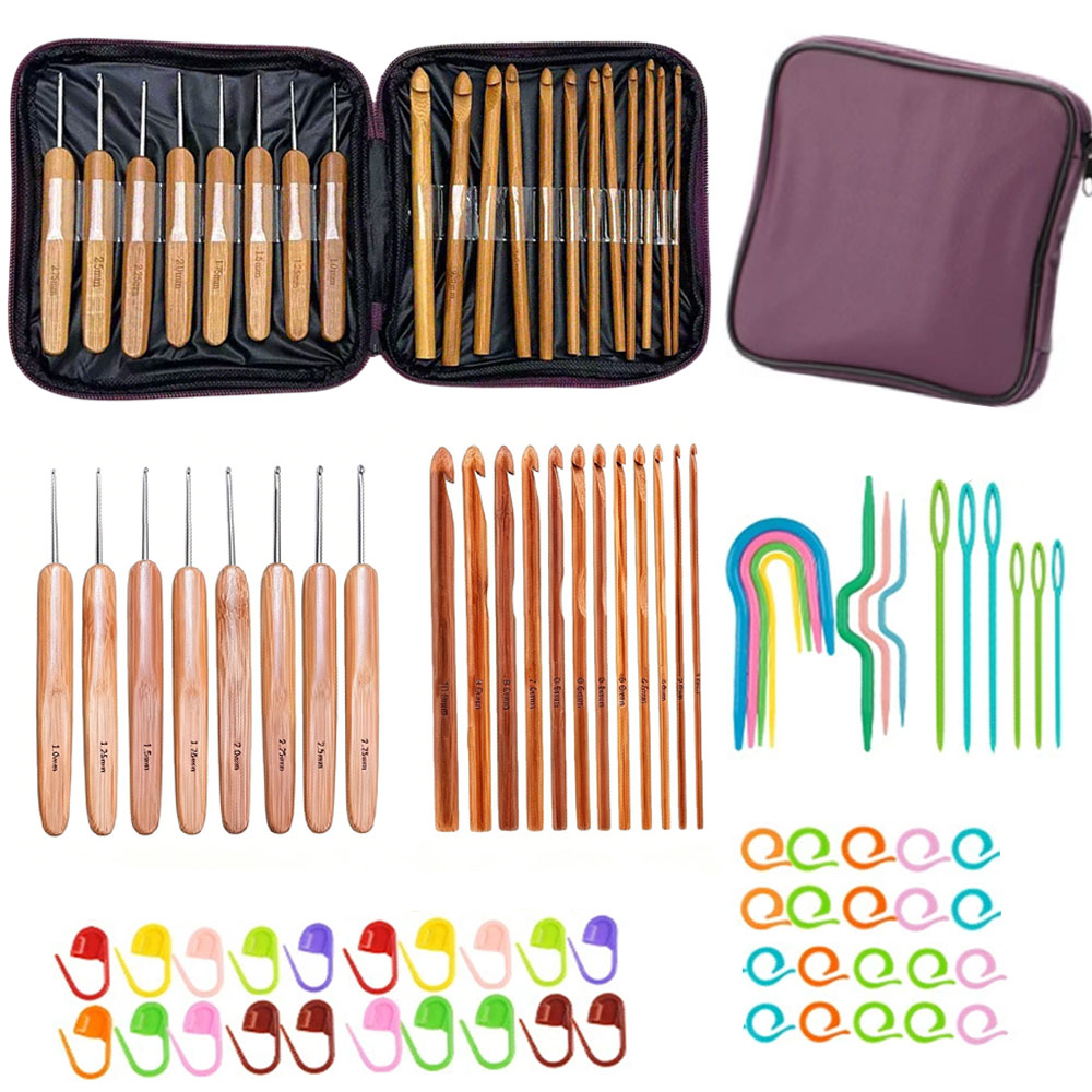 Art Craft Market - 74-teiliges Bambus-Häkelnadel-Set Garn-Webwerkzeuge mit Tragbarer Aufbewahrungstasche