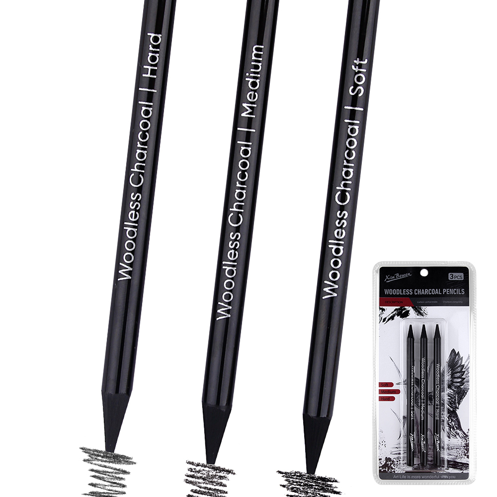 Sketching Charcoal Set - 3-teiliges Holzloses Graphitstifte-Set, weich, mittelhart, für
